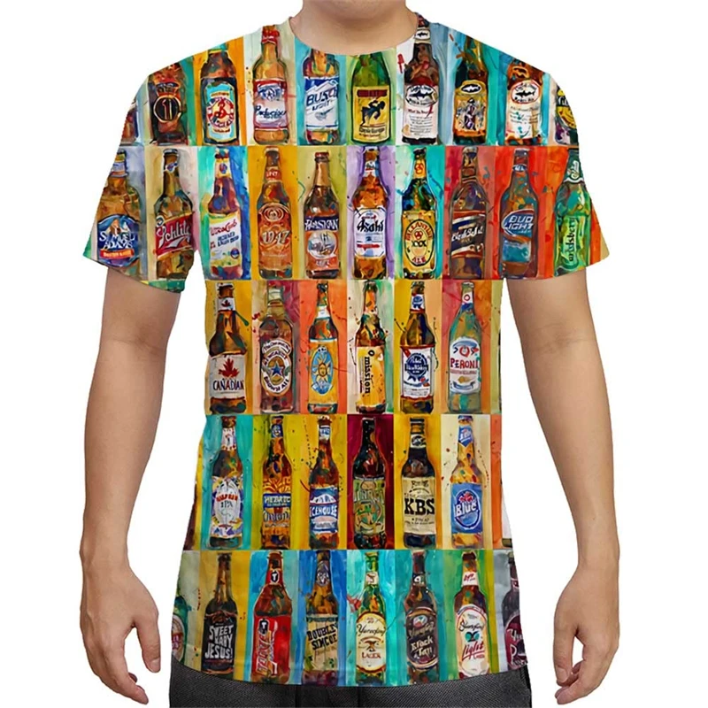 Funny 3D Beer Bottles Printed Men\'s T Shirts Summer Fashion Punk Oversize Short Sleeve Streetwear Kids Tees Tops Women Clothes