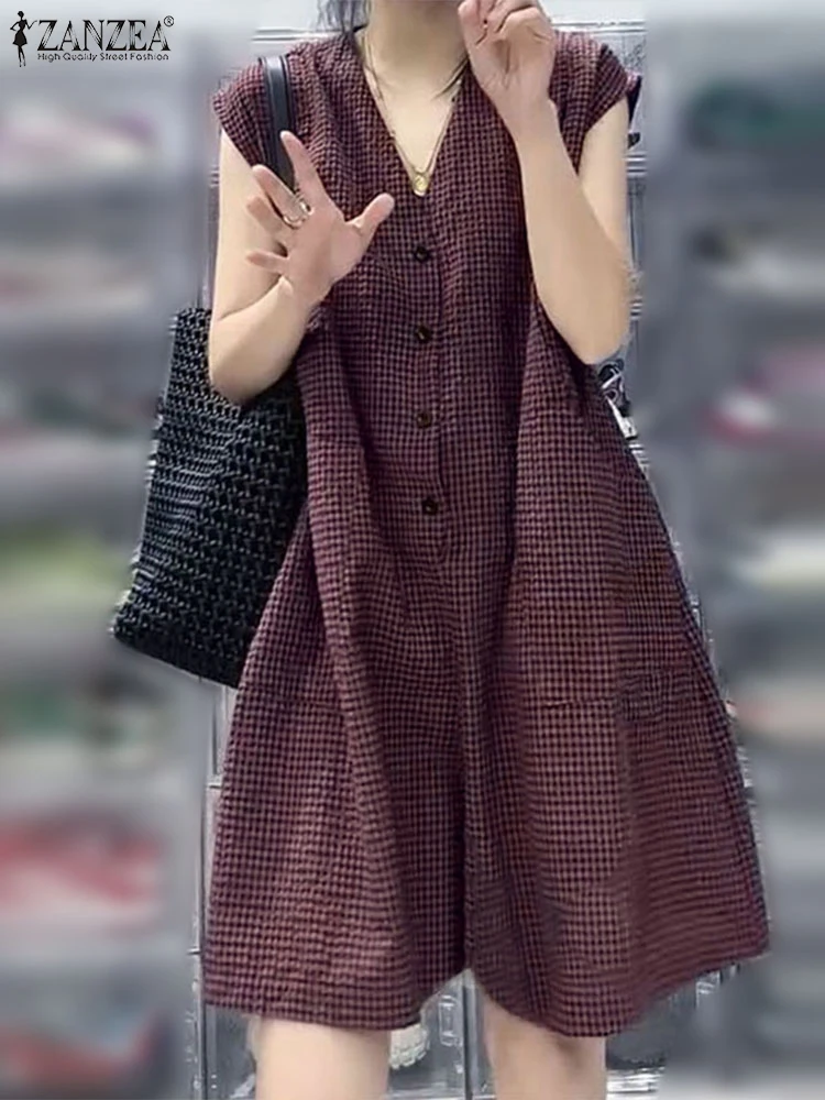 2025 ZANZEA ファッション女性ワイドレッグジャンプスーツ夏のチェック柄チェックオーバーオールパンツカジュアル V ネックノースリーブワークロンパースオーバーサイズ