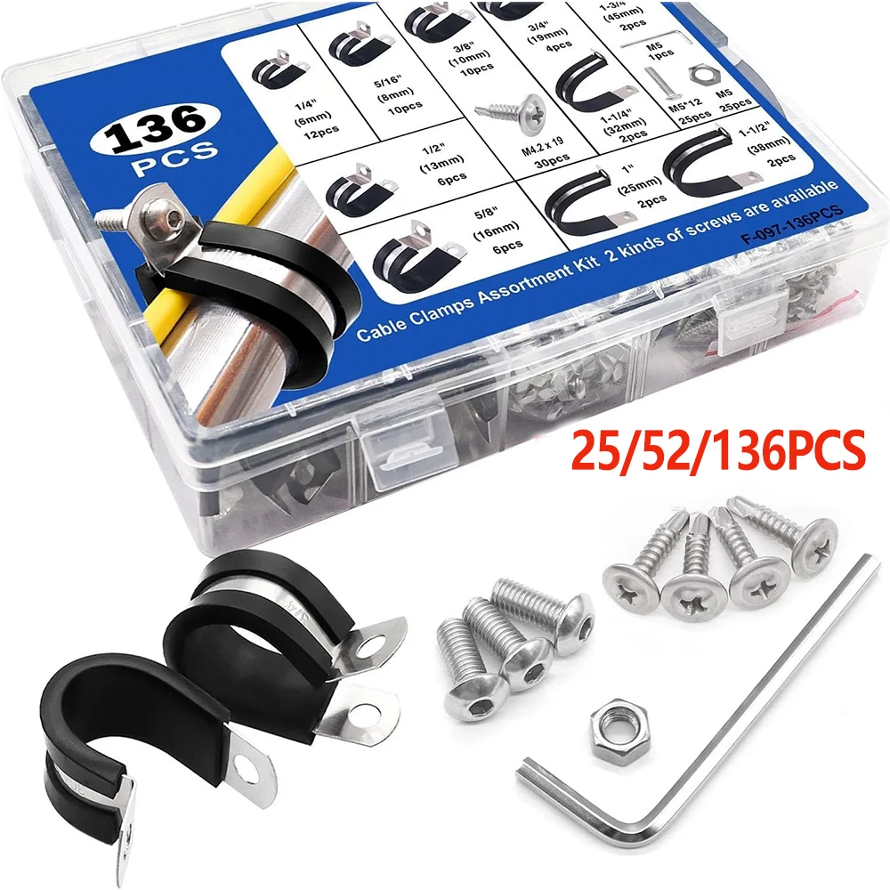 

Набор кабельных зажимов, 25/52/136 шт., из нержавеющей стали с резиновой прокладкой, с шестигранными гайками, в ассортименте