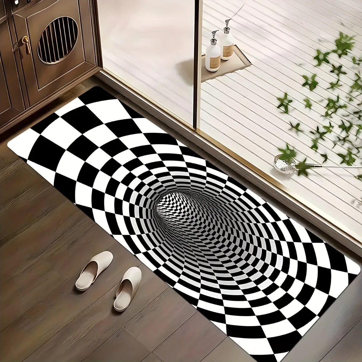 3D Vortex Checkerboard Optical Illusion Print Diatomaceous Earth Floor Mat, Non-Slip Super Absorbent Quick-Dry Long Rug