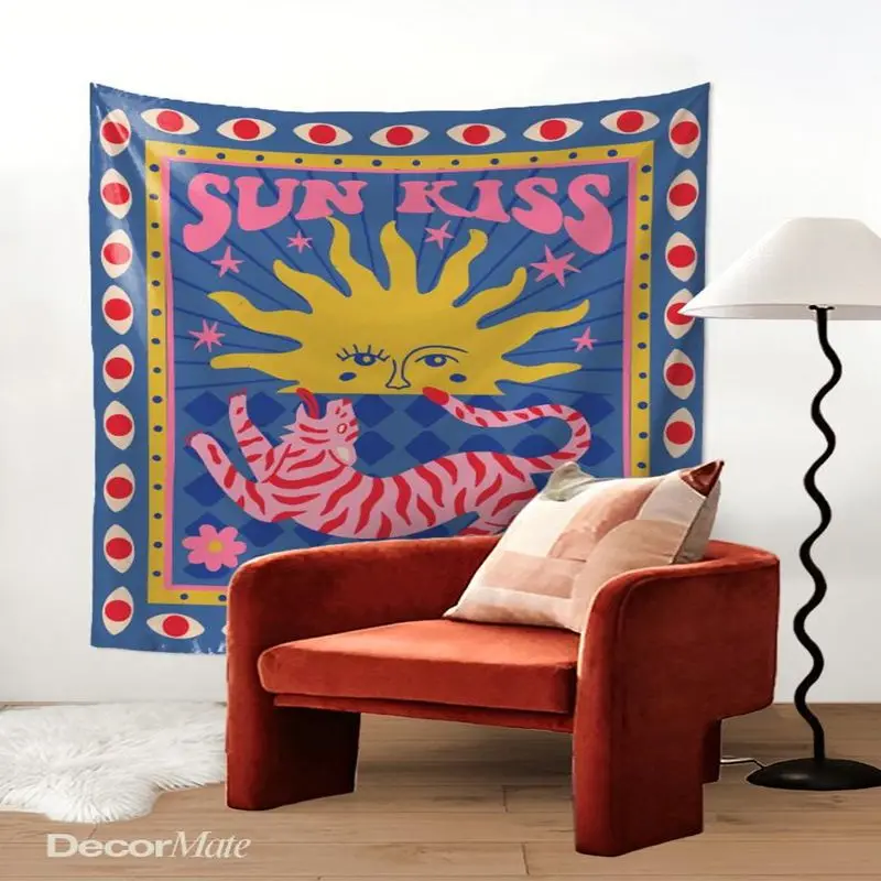 VIKAMA Sun Kiss Tiger Tapestry Boho Retro Sun Eye Pattern Polyester Wall Hanging Aesthetic Bedroom Dorm Home Decor