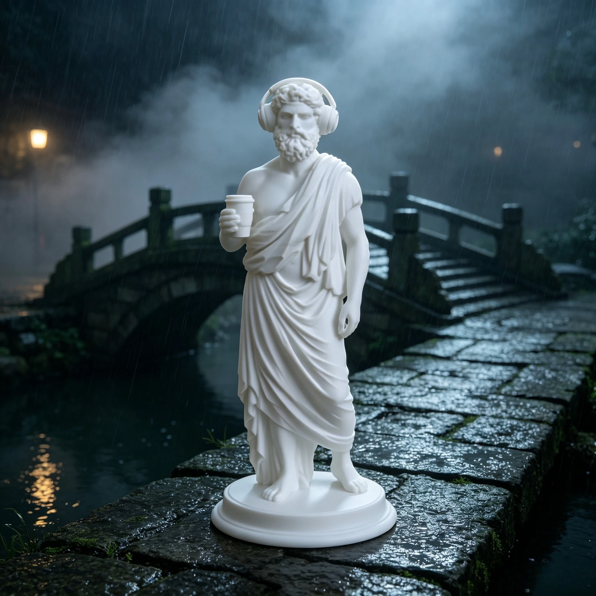 Funny Greek Philosopher Statue With Headphones Coffee Cup White Novelty Figurine Sculpture for Desktop Office Decor Gift