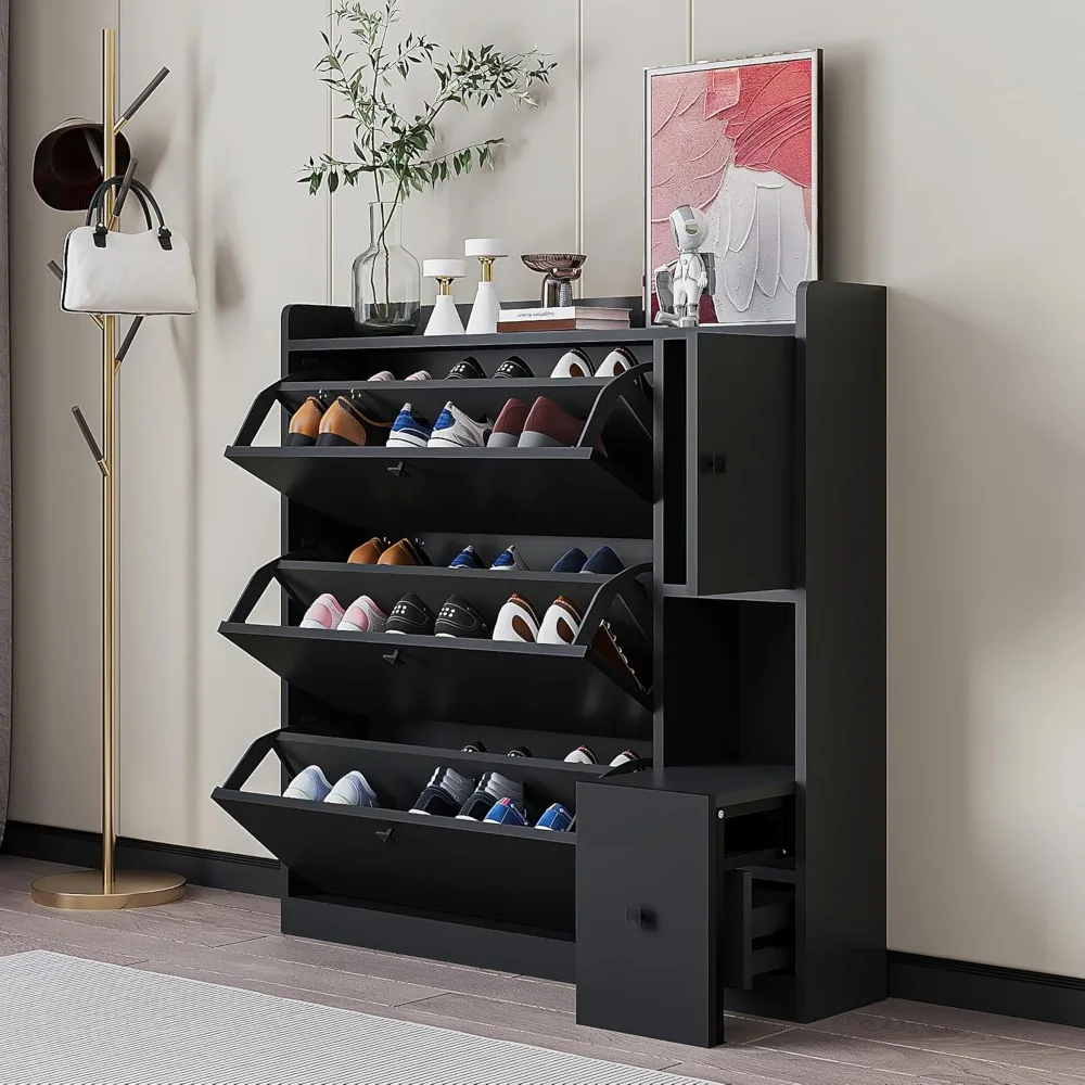 Shoe Cabinet with Pull-Down Seat and 3 Flip Drawers, Shoe Cabinet