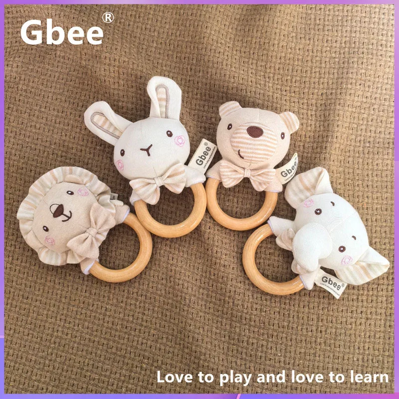 Organic cotton wood ring hand bell animal wood bell newborn gift toy baby cloth soothing doll