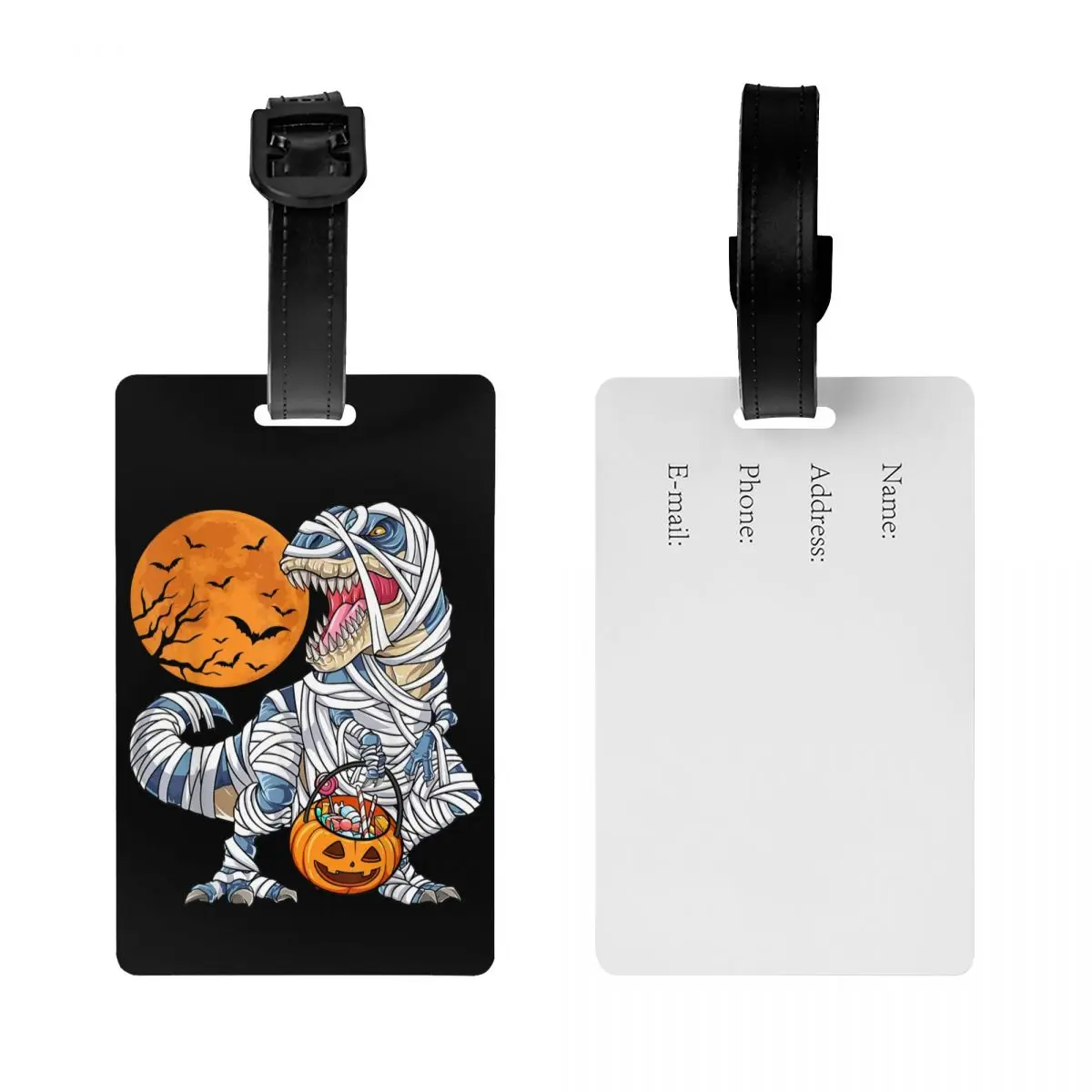 Custom Halloween Dinosaur T Rex Mummy Pumpkin Luggage Tag With Name Card Privacy Cover ID Label for Travel Bag Suitcase