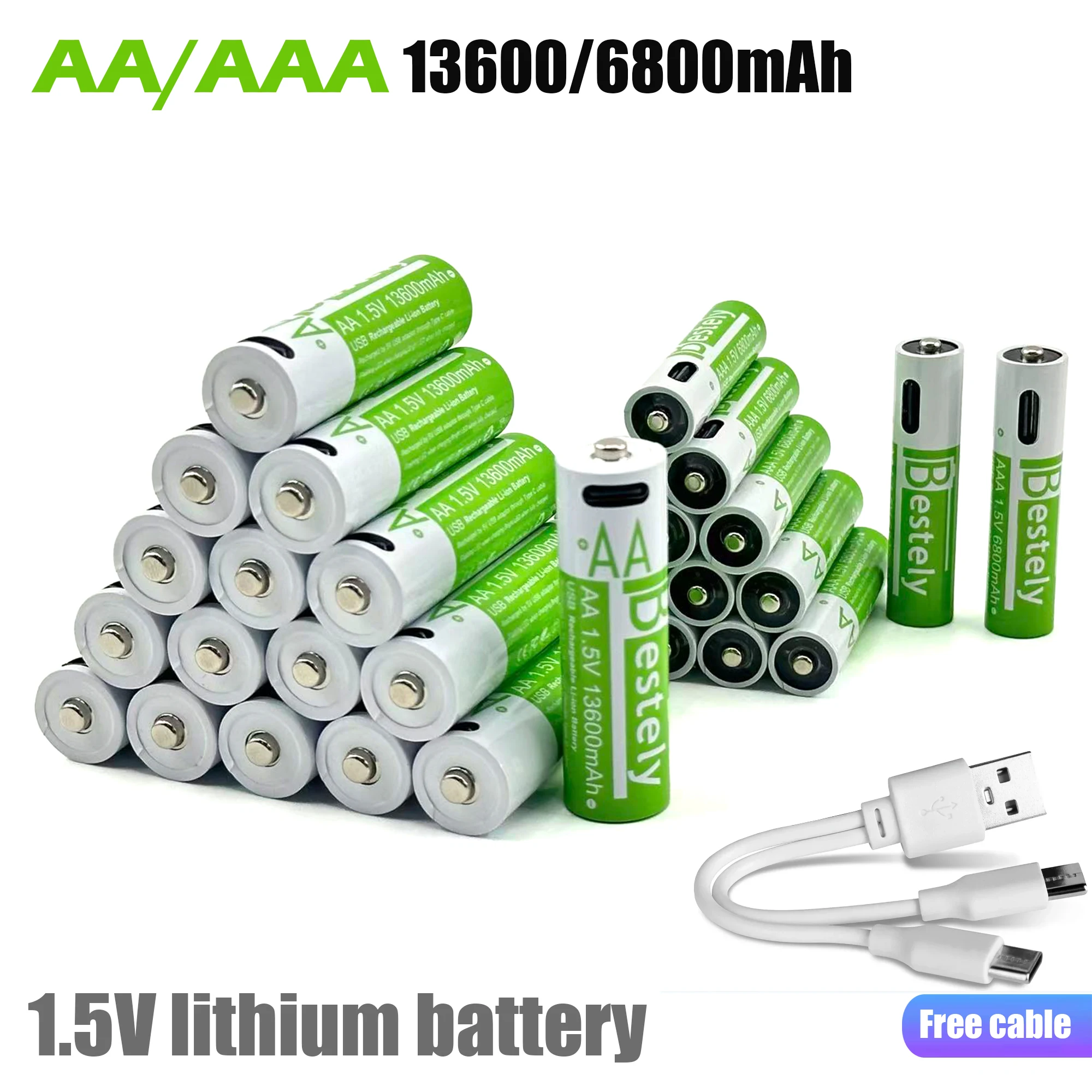 1.5V AA 13600mAh+AAA 6800mAh Rechargeable Lithium Battery with Free USB- C Cables