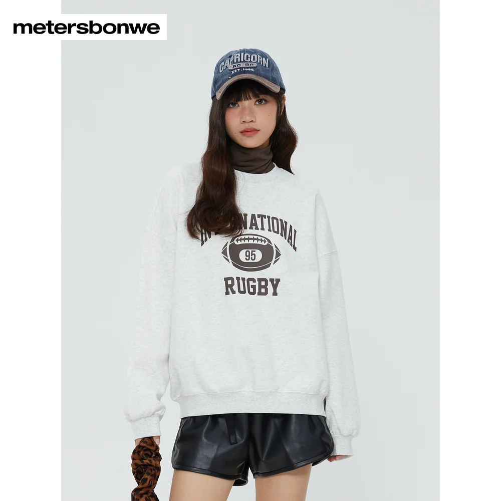 Metersbonwe-Dames College Printing Fleece Pullover Kraag Splitsen Zacht Hoog Elastisch Hoge Kraag Nep Twee Stukken Winter