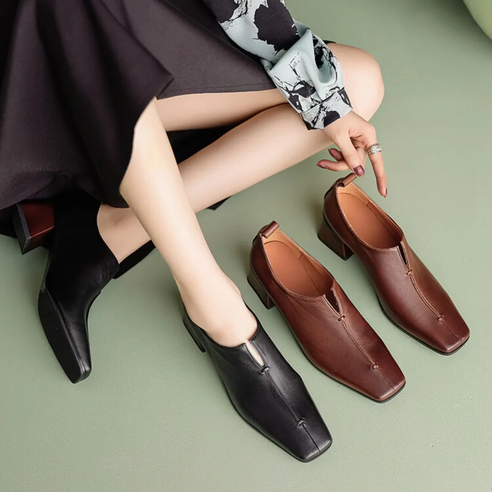 2026 New Women's High Heels Genuine Leather Solid Chunky Heel Deep-Cut for Party Festival & Special Occasions