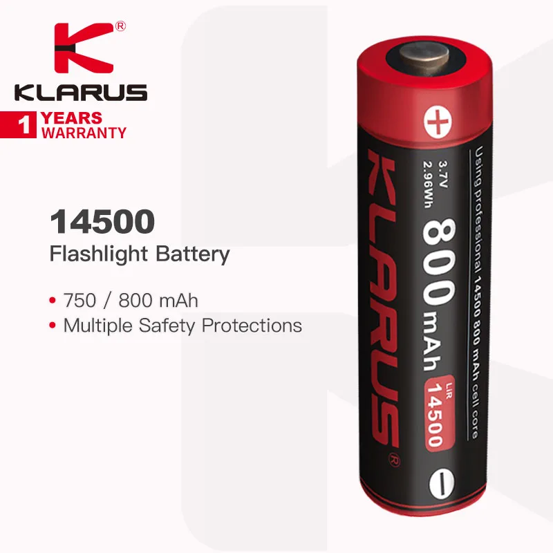 Klarus 14500 Battery for Flashlight, Available in 750mAh(with Charging Port) / 800mAh, 4A Continous Discharge, Multiple Protecti