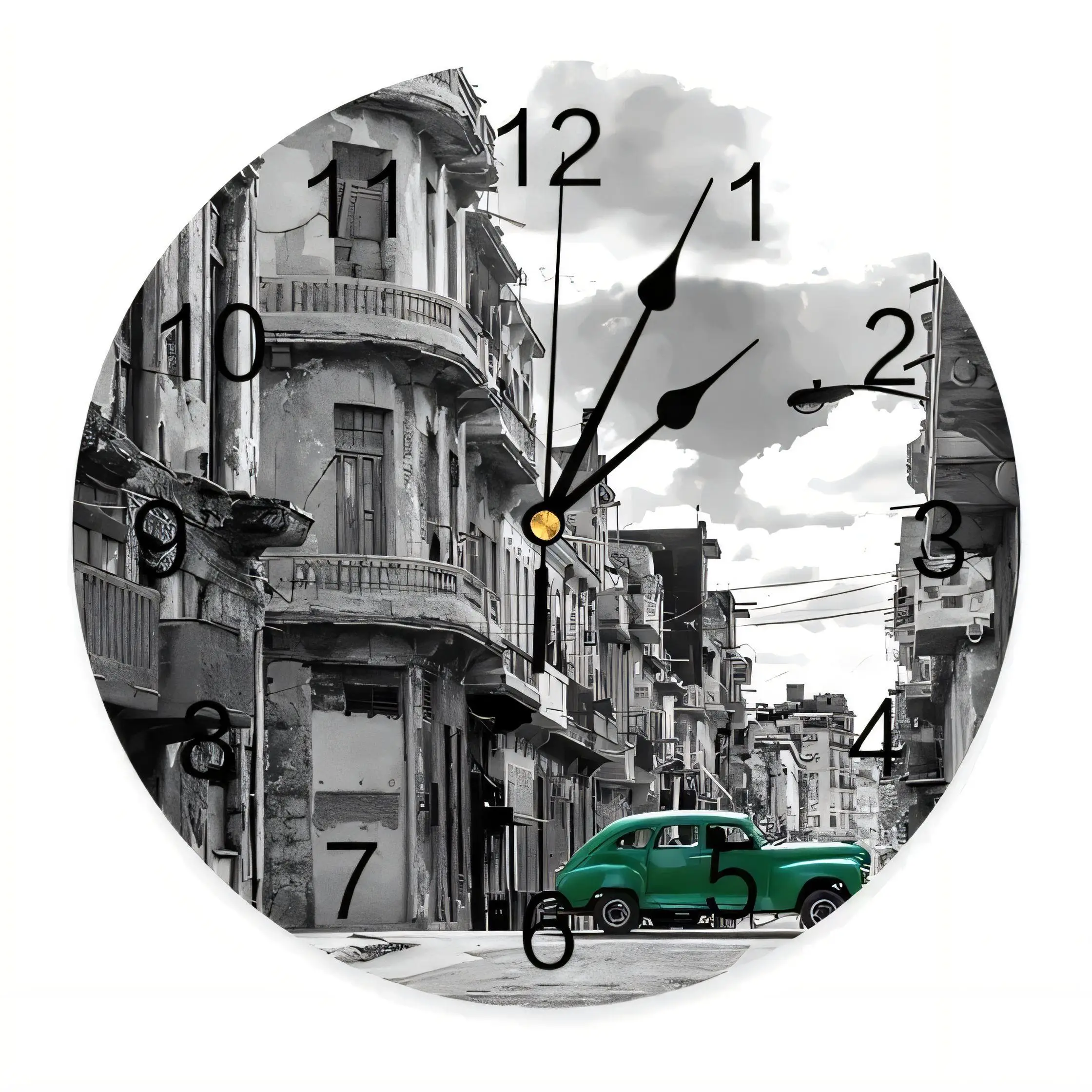 Vintage Black and White City Street Clock with Selective Green Car  Wall Decor Silent Non Ticking Battery Operated for Home Offi