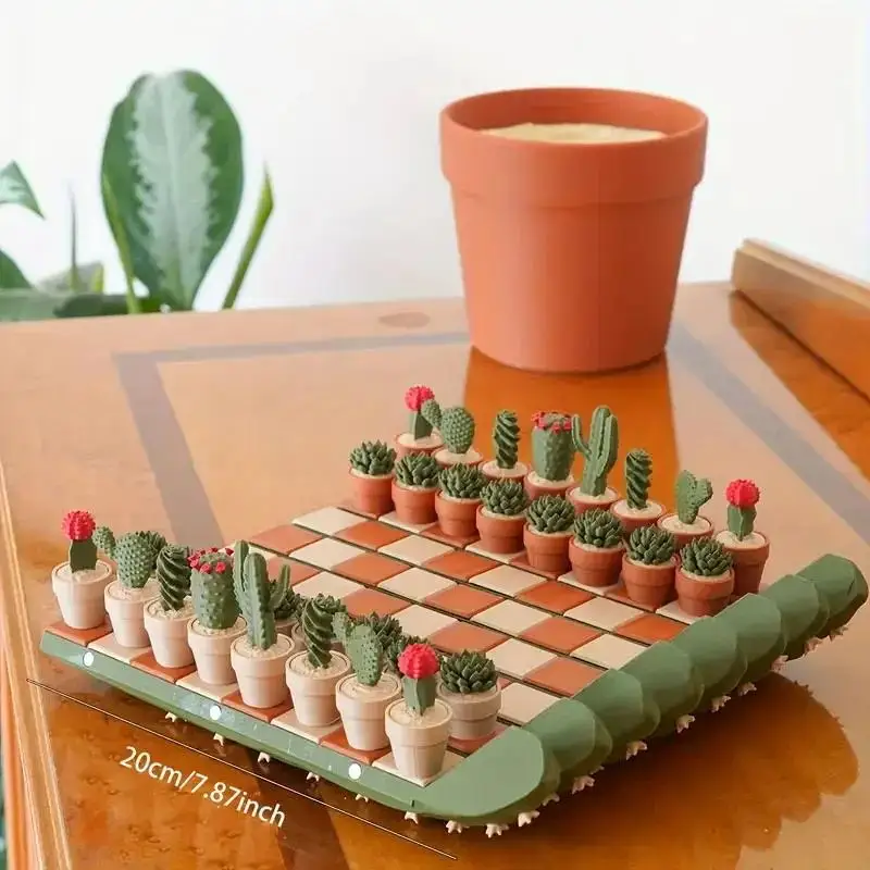 مجموعة شطرنج بتصميم الصبار ثلاثية الأبعاد مطبوعة محمولة قابلة للطي لعبة لوحة السفر مع قطع كرتونية للبالغين والأطفال