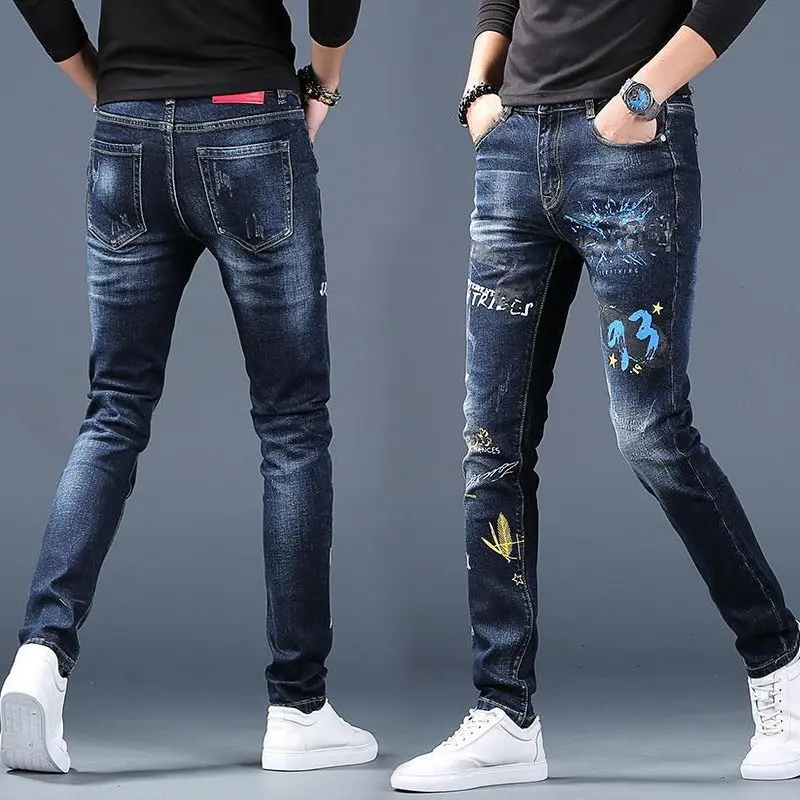 Casual Skinny Mens Cowboy Pants with Print Elastic Jeans for Men Tapered Graphic Washed Original Cotton Stretch Denim Trousers S