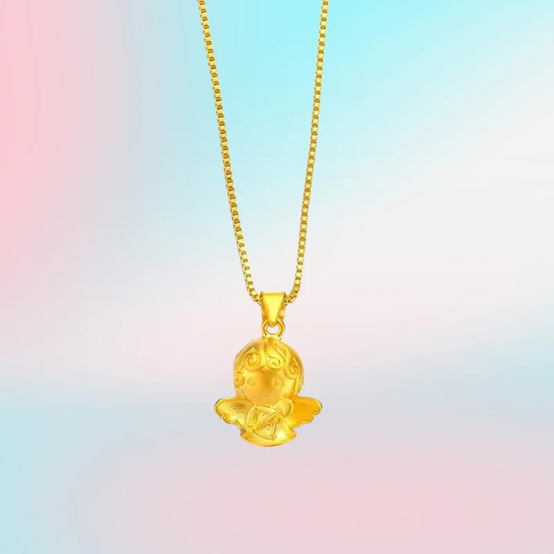 

new 9999 Real Gold 24K Women's Japan and Korea Fashion 3D Hard Gold Angel Necklace Angel Pendant Collarbone Chain