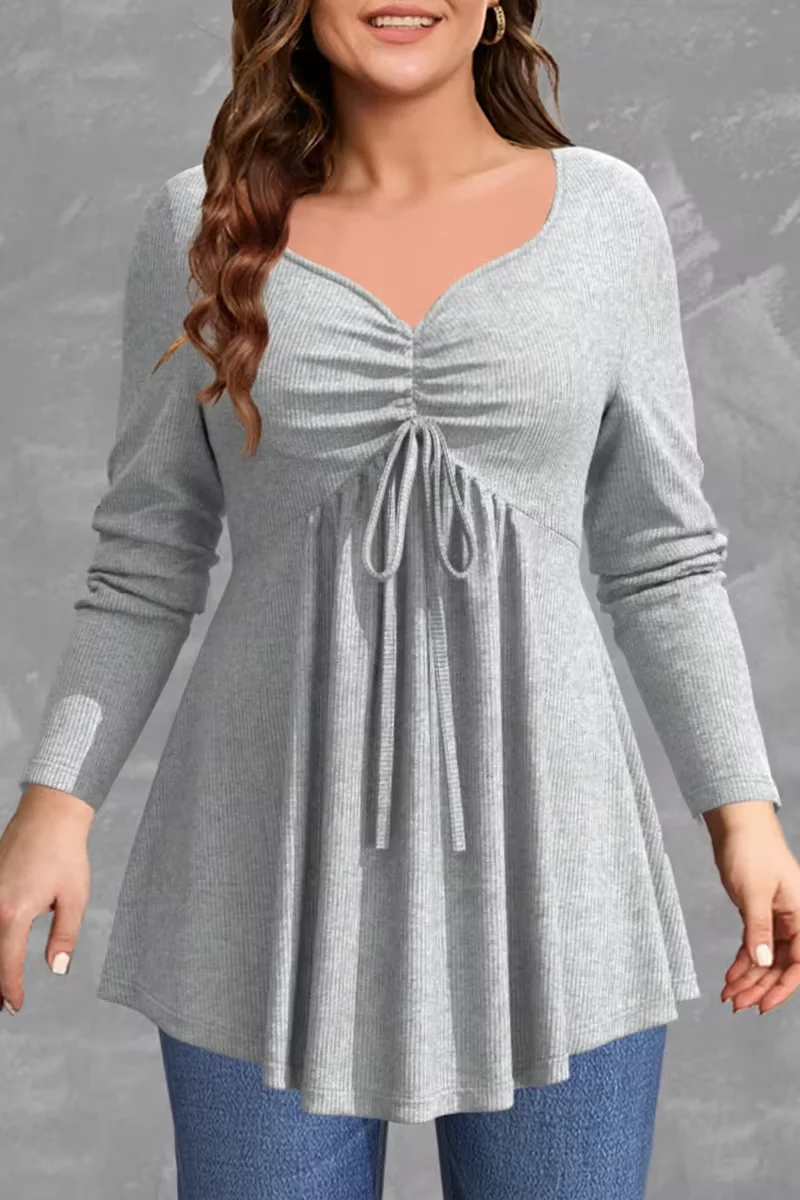 Damska koszulka z długim rękawem Plus Size Casual Grey Rib Lace-Up Square Neck Autumn Spring Fashion Basic Soft Pullovers Tee Top