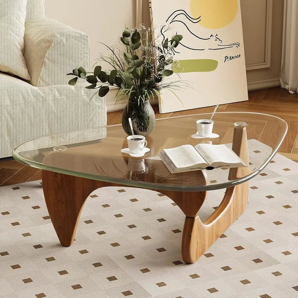 Mid-Century Modern Walnut Coffee Table with Clear Glass Top