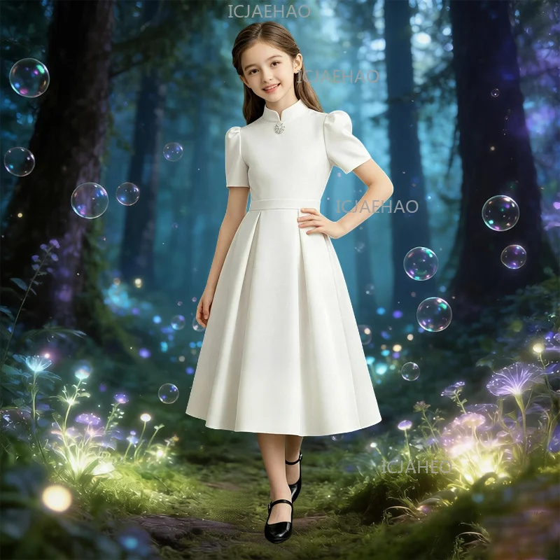 2026 Children Girls Simple Princess Gown Host Piano Performance Pageant Clothes Formal Dress Chinese Style White Satin Birthday