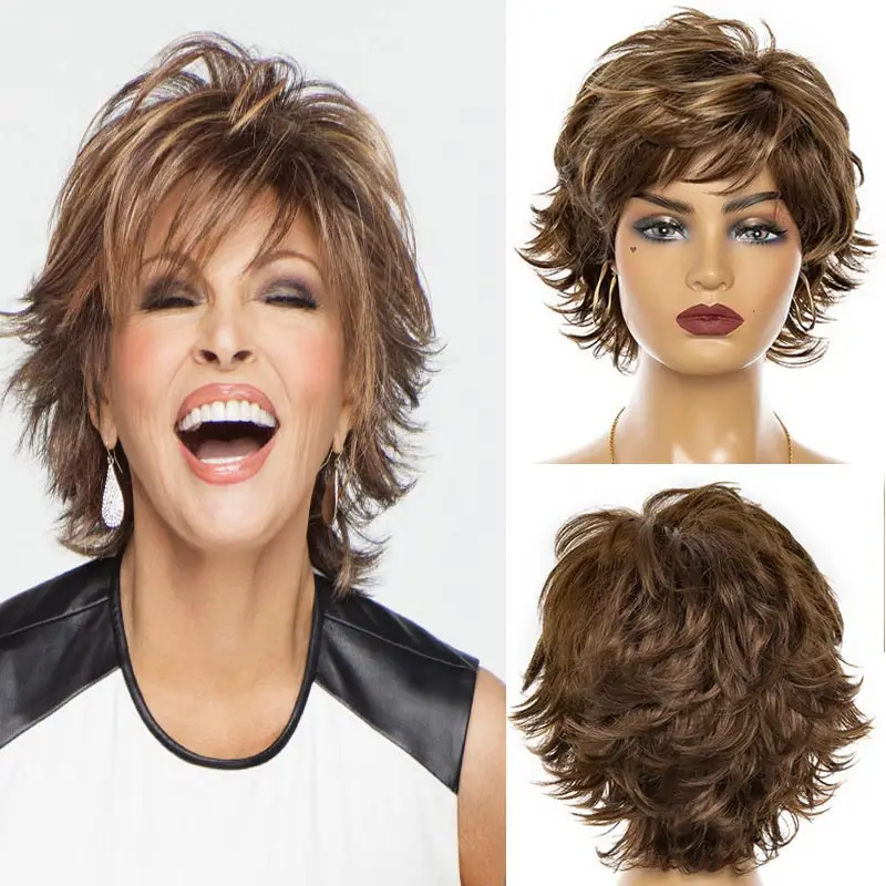 Short Ombre Wigs Natural Brown Heat Resistant Sythentic Fancy Dress Party Wig for Women Charming Loose Wave Curly Hairstyle