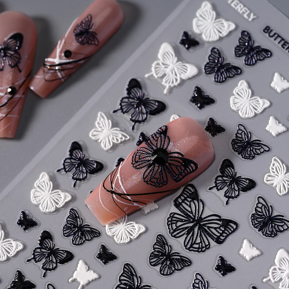 1pc 5D Embossed Lace Butterfly Nail Stickers Black White Butterfly Floral Adhesive Decals 10*8cm Manicure Engraved Sliders