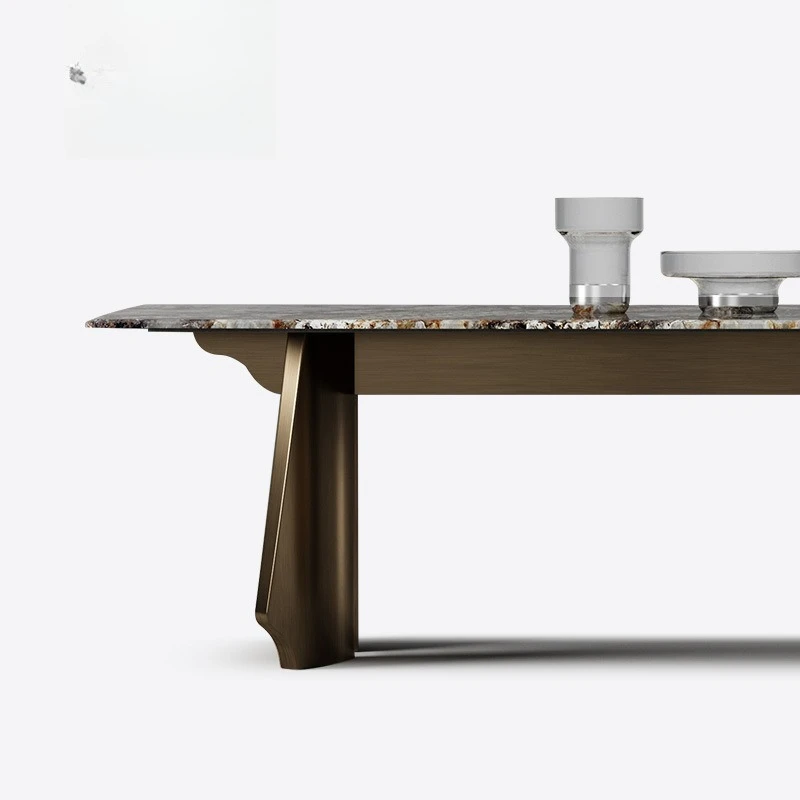 Natural luxury stone long dining table villa large flat floor whole house marble light luxury dining table and chair combination