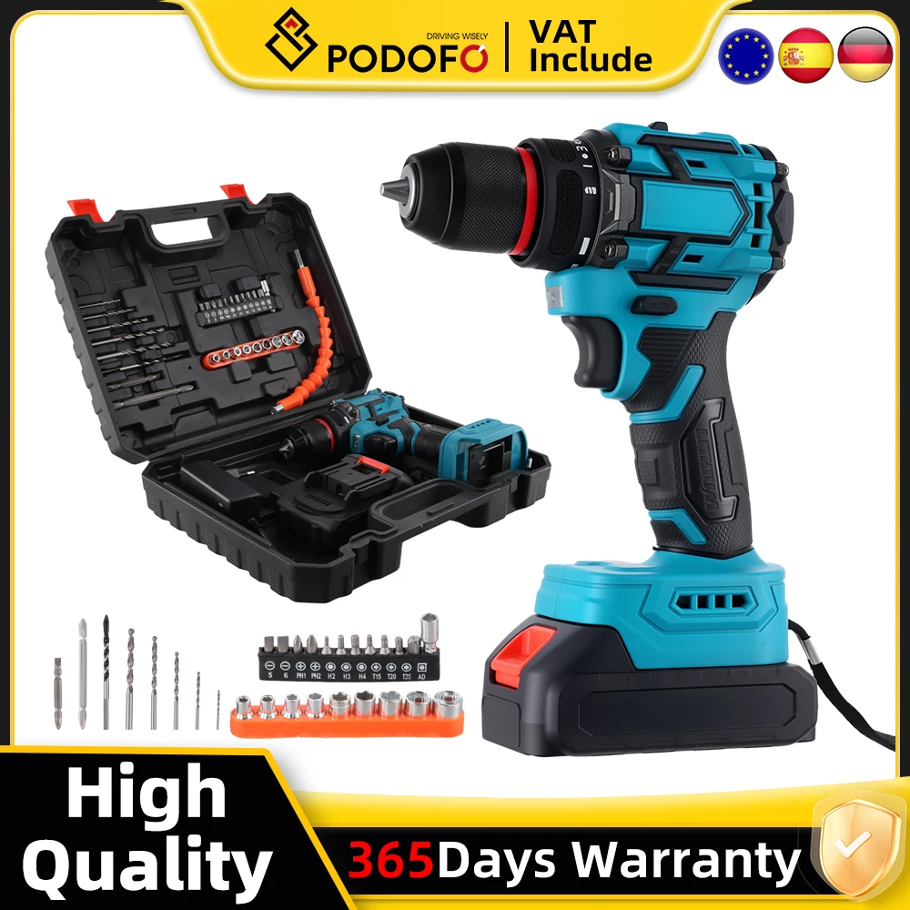Podofo Trapano elettrico a batteria Cacciavite senza spazzole a 2 velocità Trapano a percussione 21 marce con coppia regolabile Trapano a mano Utensili elettrici