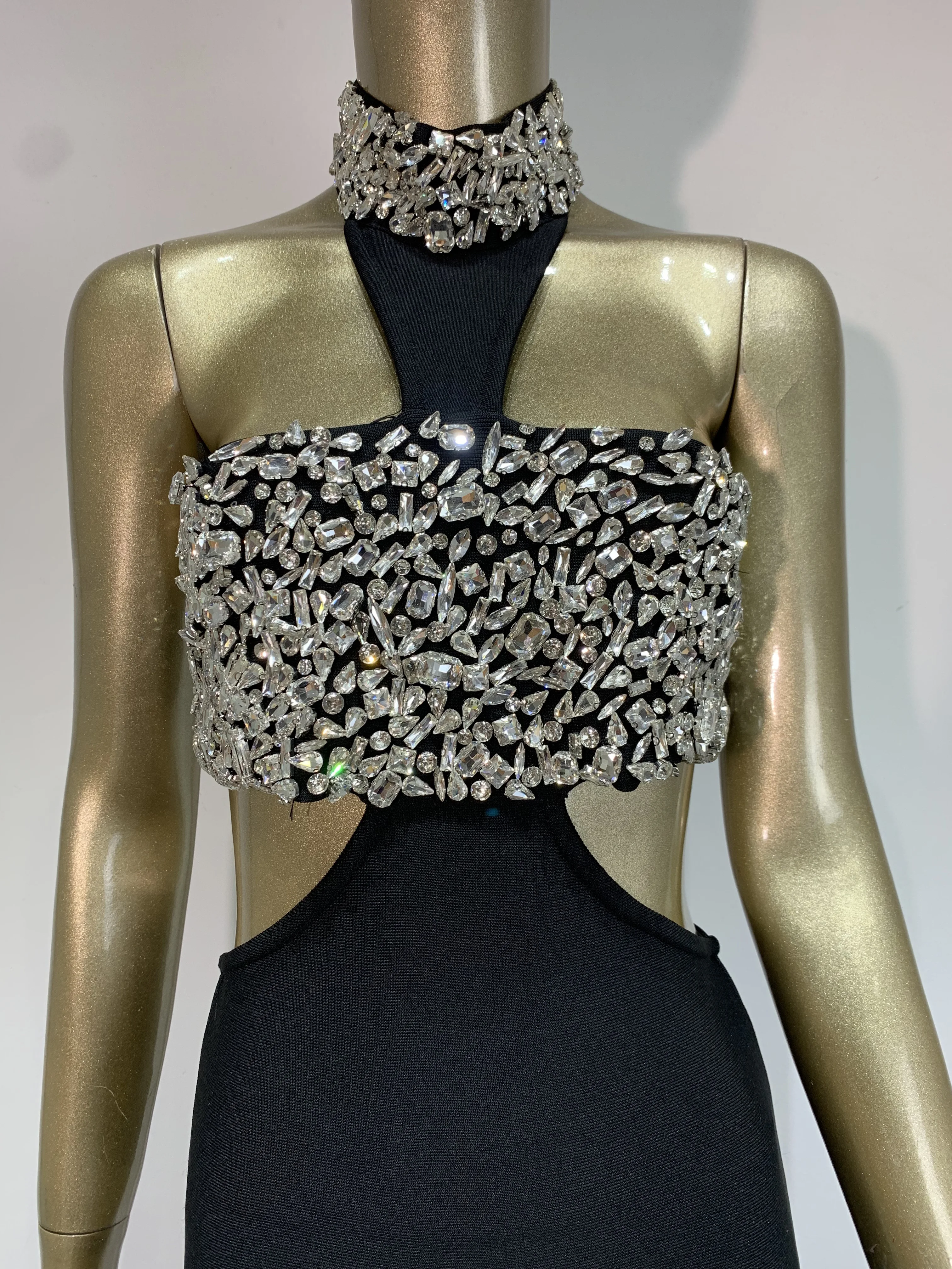 Women Black Halter Crystal Backless Cut Out Long Bandage Dress Birthday Celebrity Evening Club Party One Piece Gala Gowns