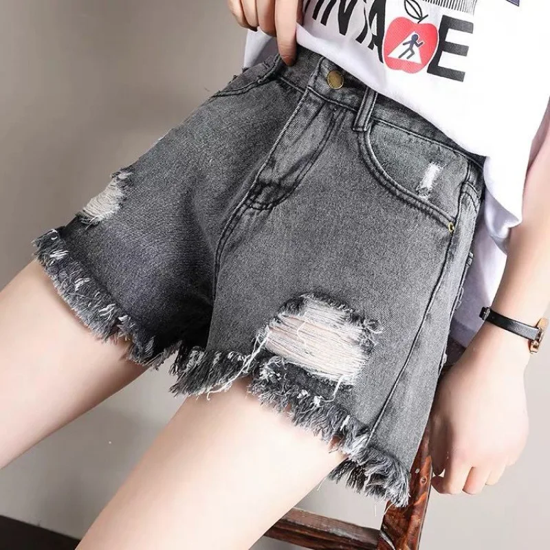 Pantaloncini di Jeans Casual a vita alta da donna 2023 Summer Fashion Streetwear Pocket nappa Hole Jeans pantaloni corti dritti larghi femminili