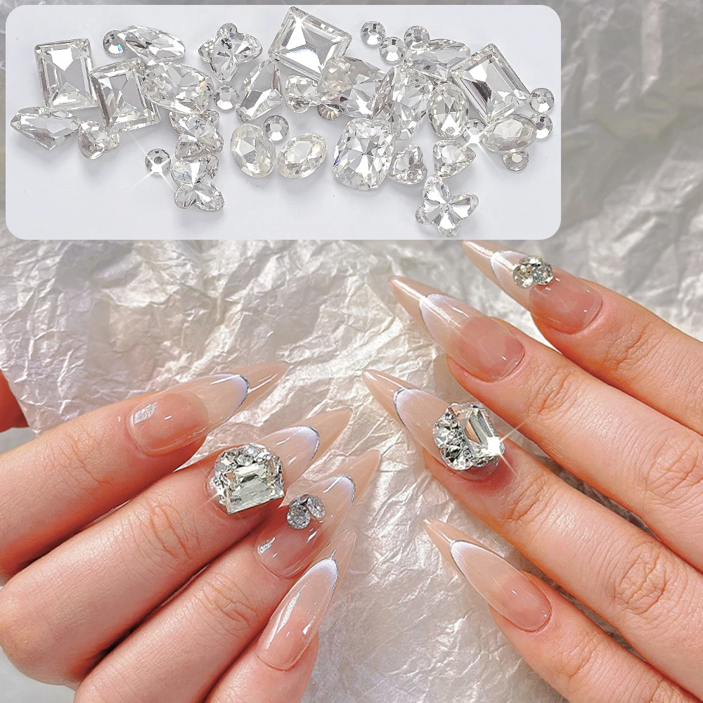 12 Grids 3D Flat Round Rhinestone Nail Charm Plus Large Shaped Nail Rhinestones Nail Gemstones Rectangular Strass DIY Nail Decor