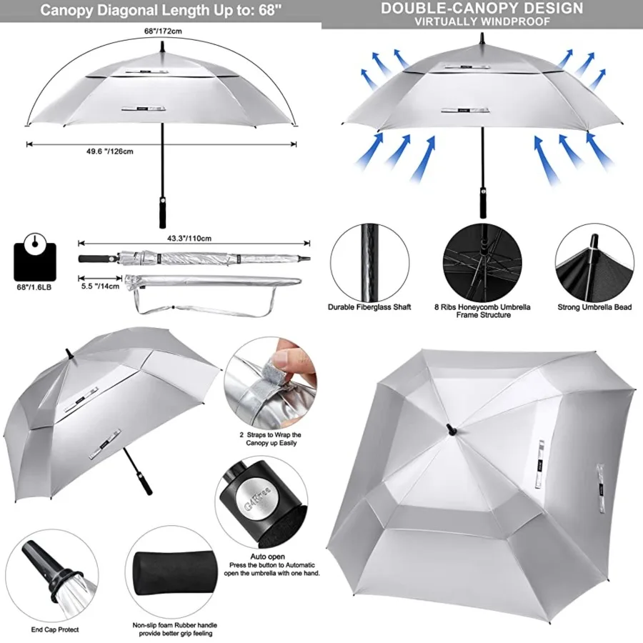 

Extra Large Golf Umbrella/ Square Vented Windproof Auto Open Double Canopy Oversized Stick Umbrella