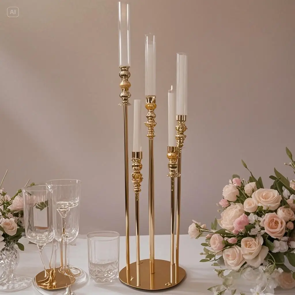 Elegant 5-head metal acrylic candle holder, wedding party table centerpiece, outdoor family birthday dance decoration