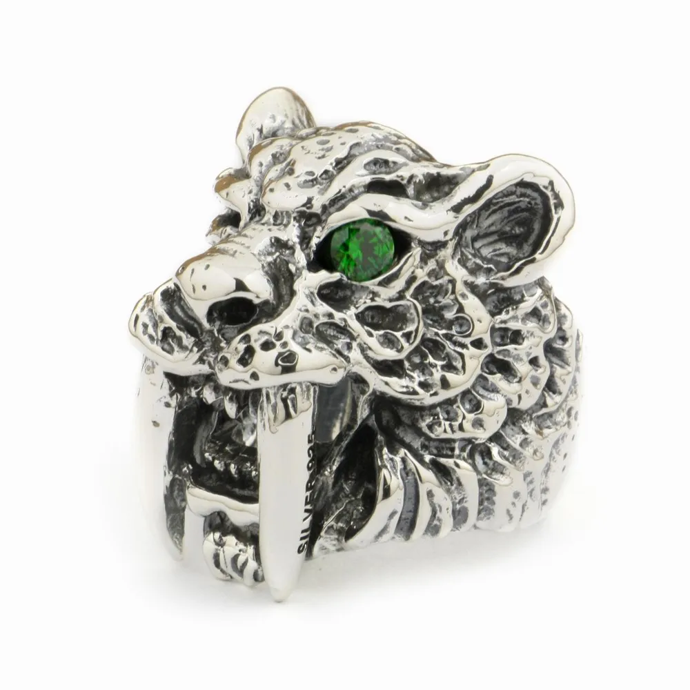 Huge 925 Sterling Silver Green CZ Eye Sabretooth Ring Biker Rock Punk Tiger Jewelry TA18 US Size 7~15 BZ