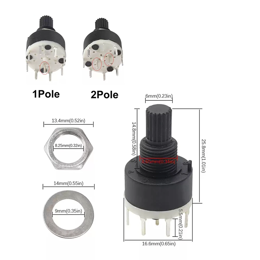 JCD 1PC SR16 16mm Rotary Switch 1Pole 3/4/5/6/8 Position 2Pole 3/4 Position Handle Length 15MM Shaft Flower Axis Band Switch