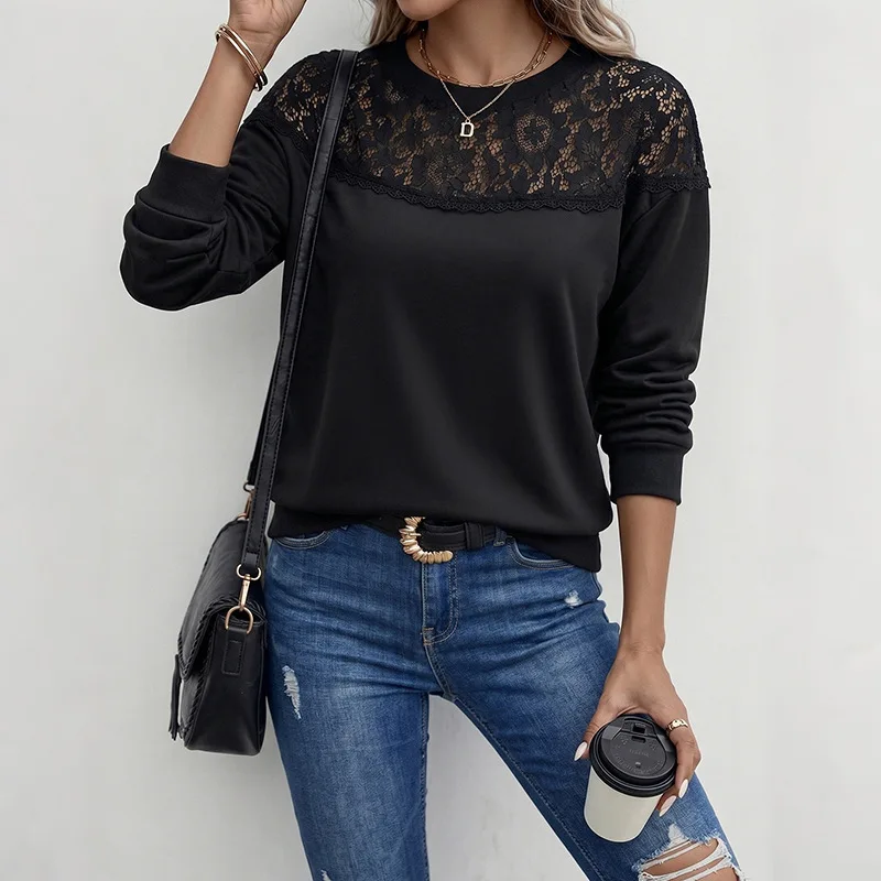 Tops Women Top Round Neck Full Sleeve Lace Sexy Tees Y2k Streetwear T Shirts Solid Casual Elegant Work Slim Fit 2026 Summer