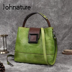 Johnature Chinese Style Bucket Bag 2024 New Retro Genuine Leather Handbag Handmade Solid Color Cowhide Shoulder & Crossbody Bags