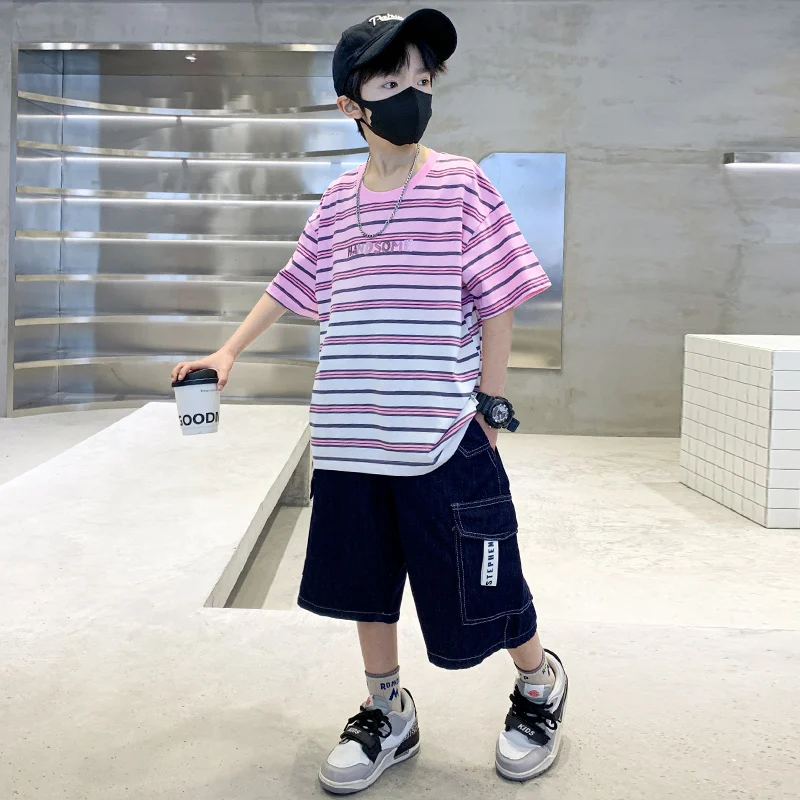 Kids Summer Casual Clothing Suit Shorts Striped T-shirt Set for Boys Casual Tracksuit Tween Child Outfit Sets Age 5 To 14 Years