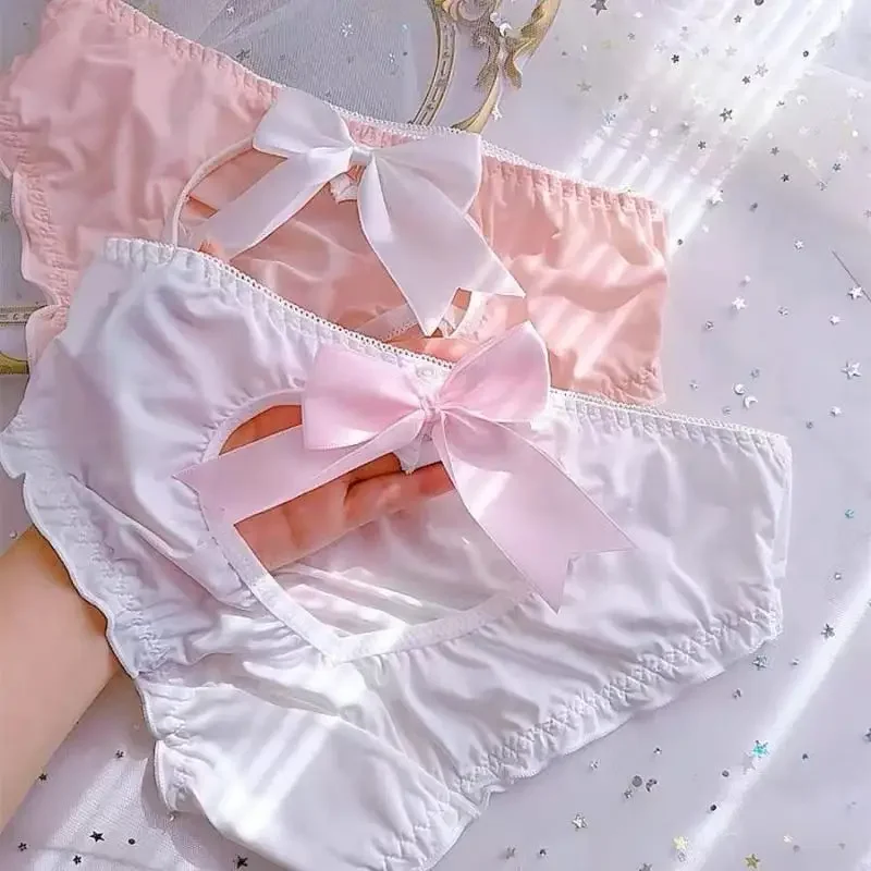 Women Sexy Hollow Big Bow Cute Lovely Sweety Lolita Panties Ruffles Underwear Princess Style Stretch Milk Silk Low Waist Breifs