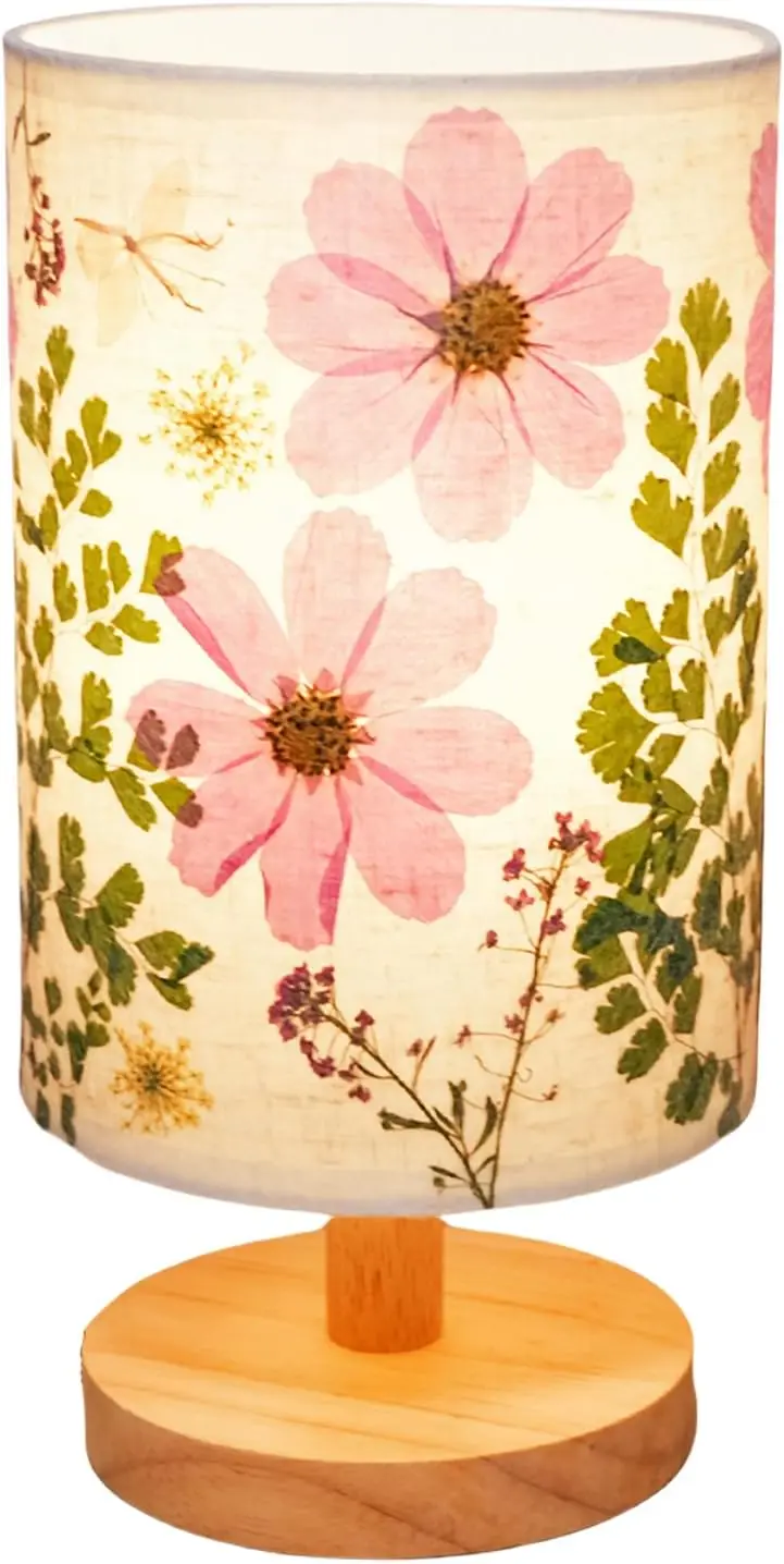 

Pressed Flower Table Lamp, 5W LED 3-Color Bedside Lamp, Wood Base, Linen Shade, Handmade