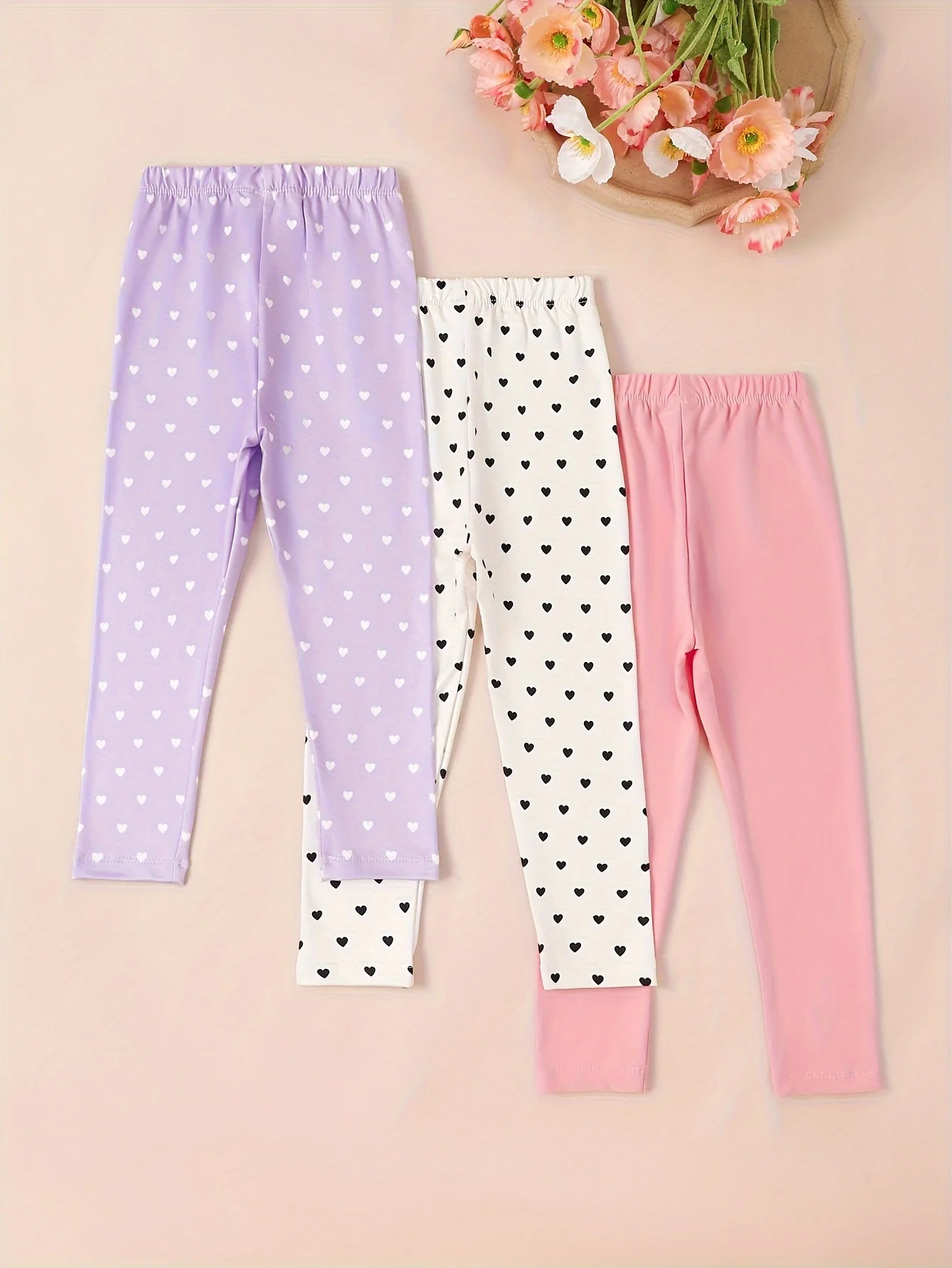 3-Pack Girls' Knitted Digital Heart Print Elastic Comfortable Leggings