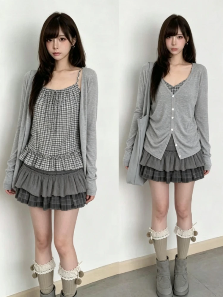 Harajuku Vintage 3 Piece Set Short Cardigan Casual Slim Vest Y2k Mini Skirt Female Gothic Sweet Subculture Holiday Set