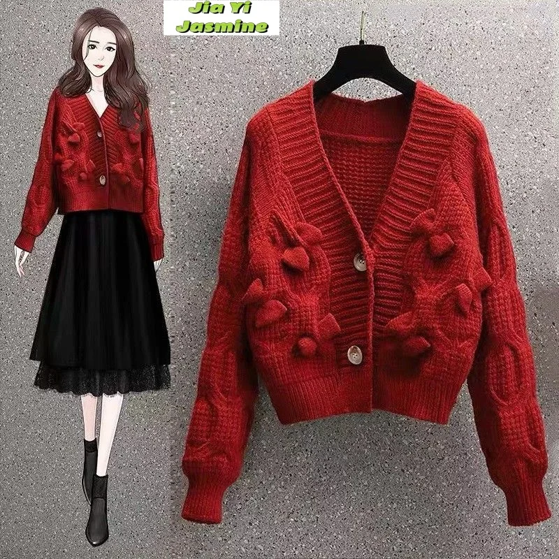 Women\'s Autumn and Winter Outerwear 2024 New Retro Japanese Style Lazy V-neck Bow Loose Knit Cardigan