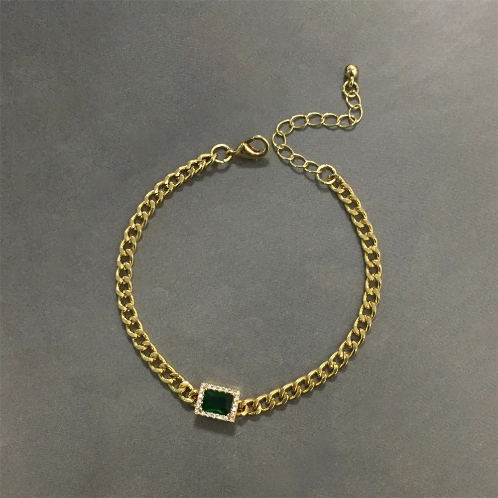 Luxury Real 18K Gold Plated Curb Chain With Clear Paving Around Emerald Square Zircon Pendant Bracelet For Women Jewelry Gift