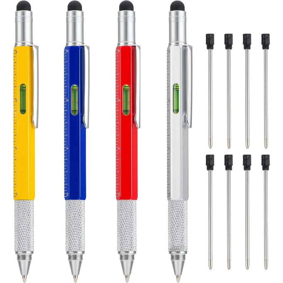 4 Pack Multitool Pen with Extra Refills Set 6 in 1 Multitool Pen with Ruler Level Gauge Multifunctional Metal Ballpoint Pen for