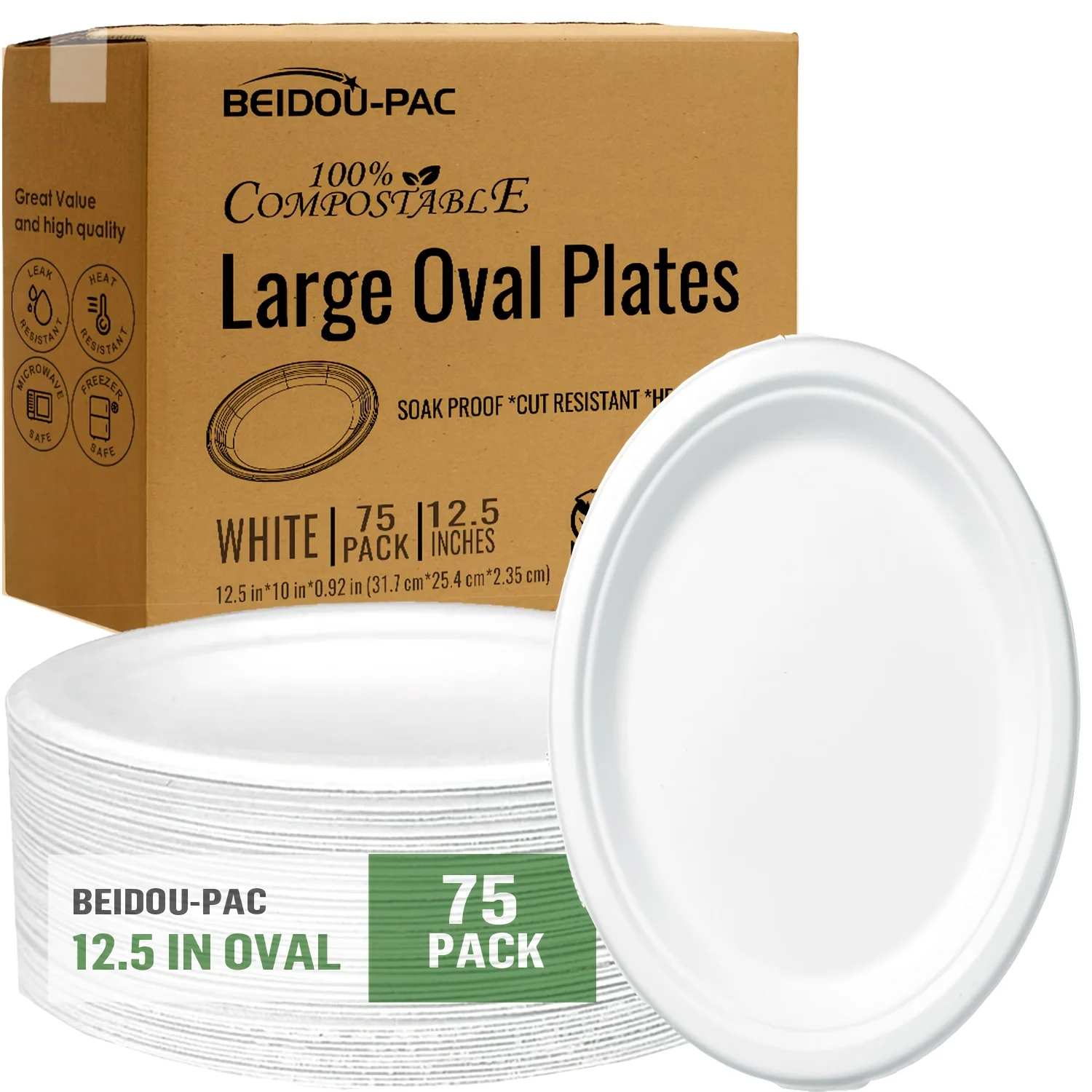 

75-Piece Sturdy Oval Disposable Paper Plates (12.5 Inch) – Natural Bagasse from Sugarcane Fibers, Eco-Friendly Choice for BBQs, Parties, Gatherings & Picnics