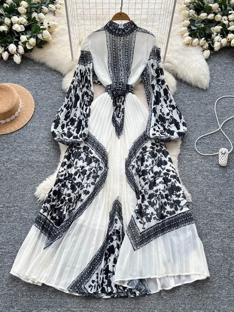 Ele imprimé longue Dr femmes taille haute lanterne Sve noeud taille conception coréenne Sle trajet a-ligne jupe