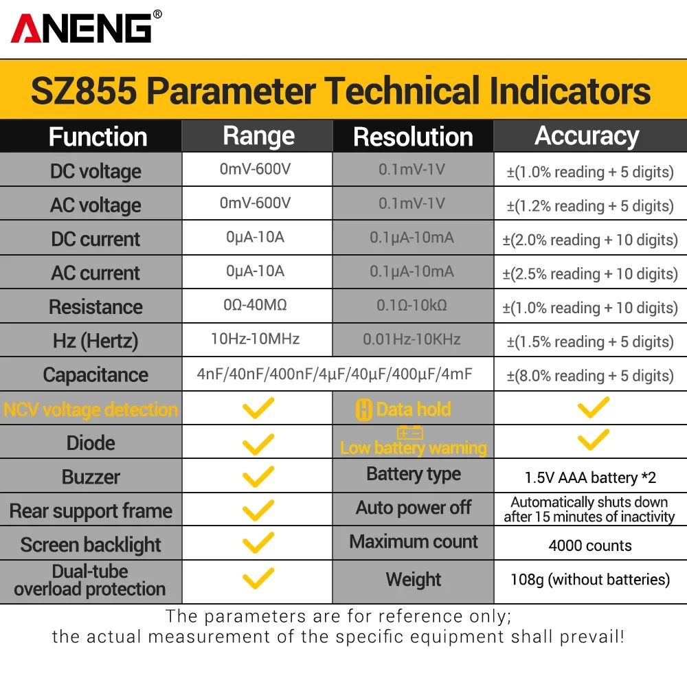 ANENG SZ855 Digital Multimeter 4000 Counts Auto Range NCV Voltage Tester Dual Tube Overload Protection Electrician Multimeter