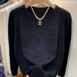 Women's Clothing Spring Autumn Solid Pullover Long Sleeve Crew Neck Casual Elegant Sweater Knitted T-shirt Fashionable Tops