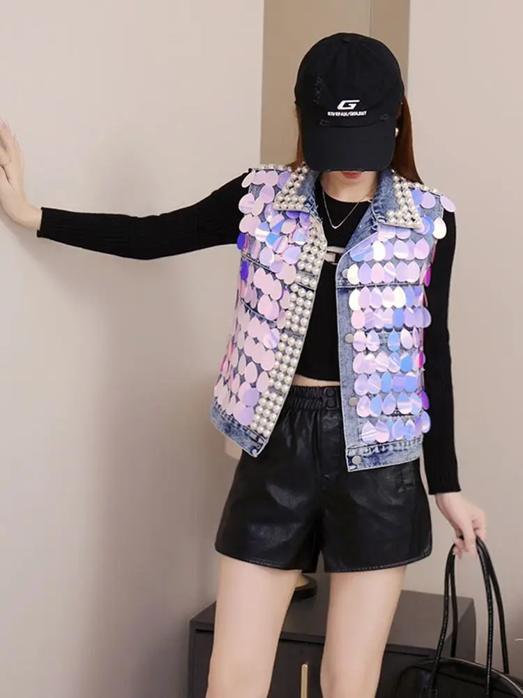 

Модный женский джинсовый жилет ort, весна-осень 2021, новинка, уличная одежда с тяжелыми украшениями и блестками, верхняя одежда