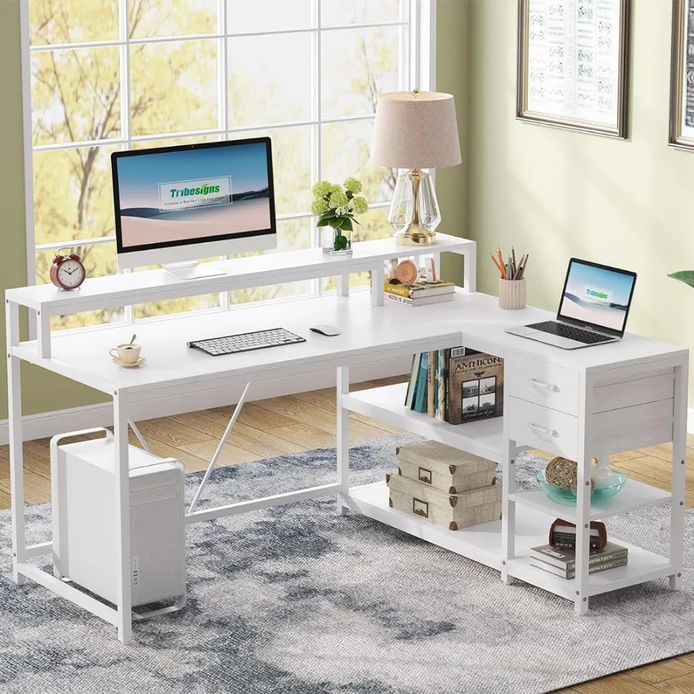 55-inches Reversible L Shaped Desk with Drawer, Modern White L Corner Desk Home Office Table with Storage Shelves and