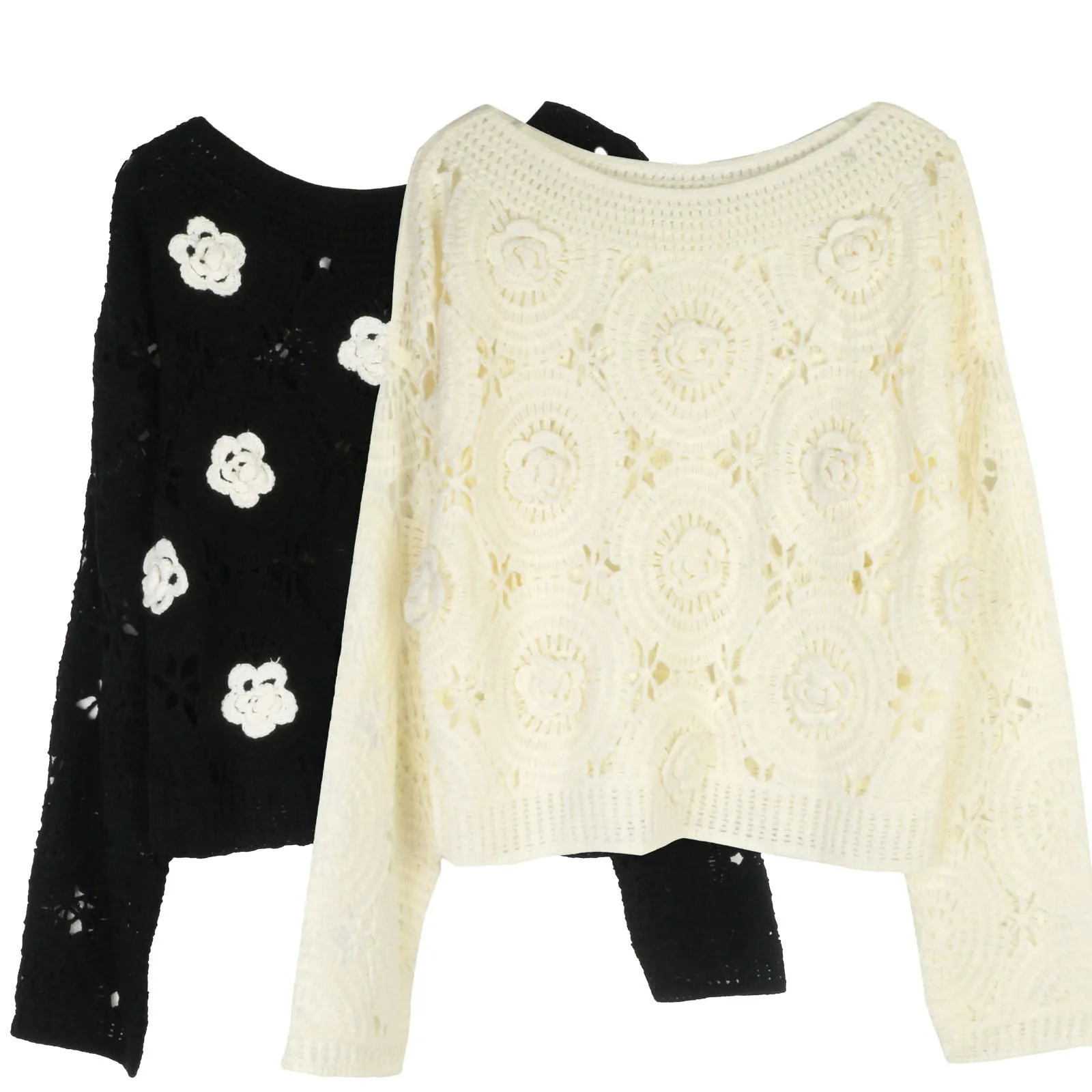 

2025 Autumn Winter Long Sleeve Pullover Tops Holiday Fashion Hollow Sweater Women Knit Three-dimensional Flower O-Neck Sweater