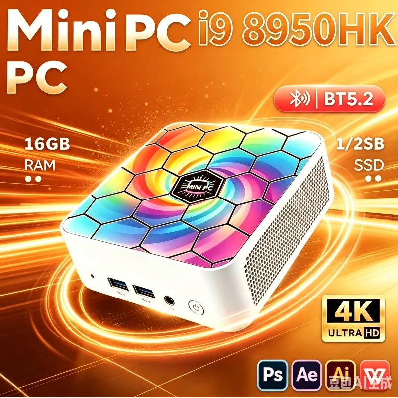 Intel i9-8950HK Solid Slim Mini Desktop,16GB RAM,1/2TB SSD,WiFi6,BT5.2,Compact PC for Home & Professional Office