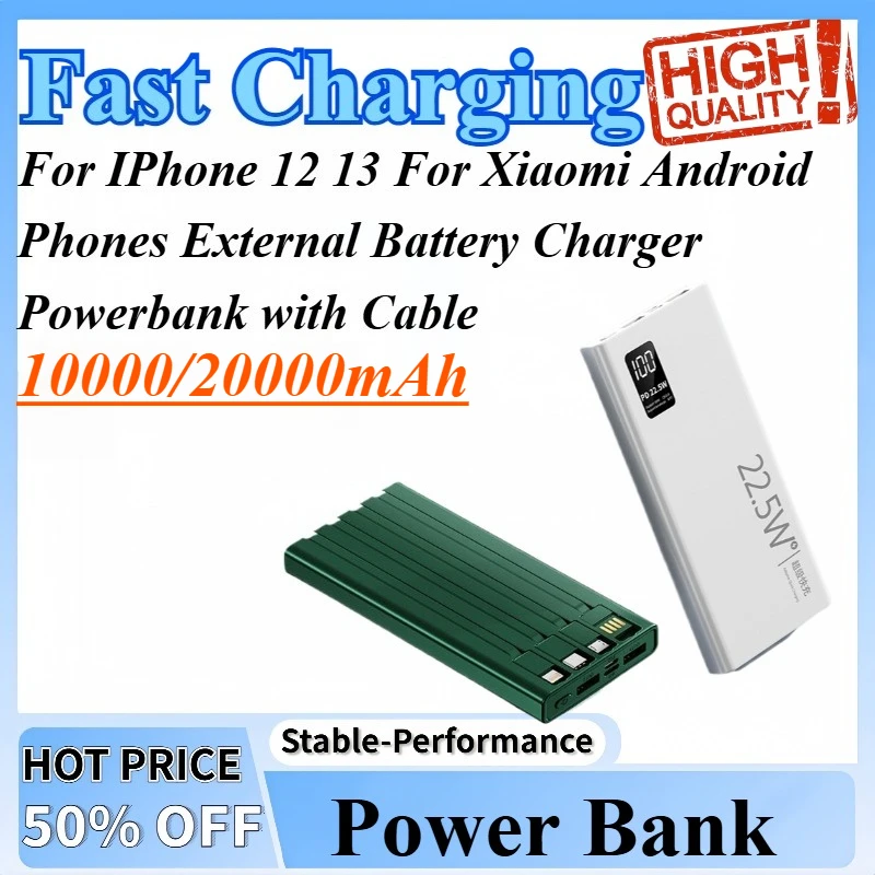 

10000mAh Power Bank Fast Charging External Battery Charger Powerbank with Cable For IPhone 12 13 For Xiaomi Android Phones